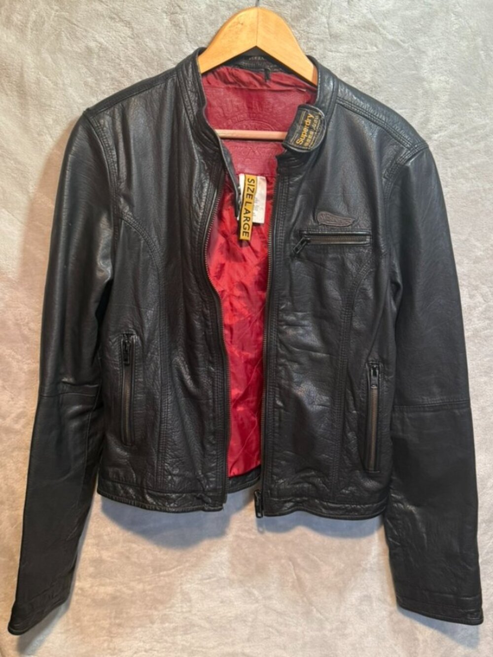 Superdry Black Genuine Leather Moto Biker Jacket Slim Fit Large